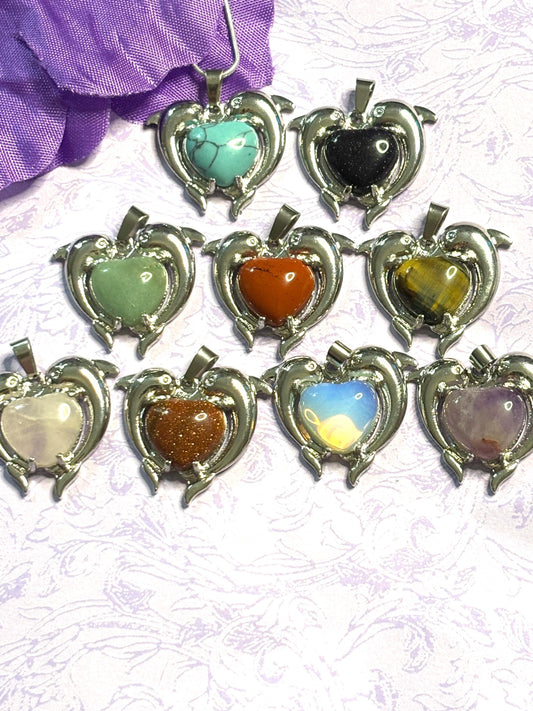 Natural Stone Double Dolphin Pendant Necklace with Silver Accents and 925 Silver Chain in Nine Gemstone Color Options