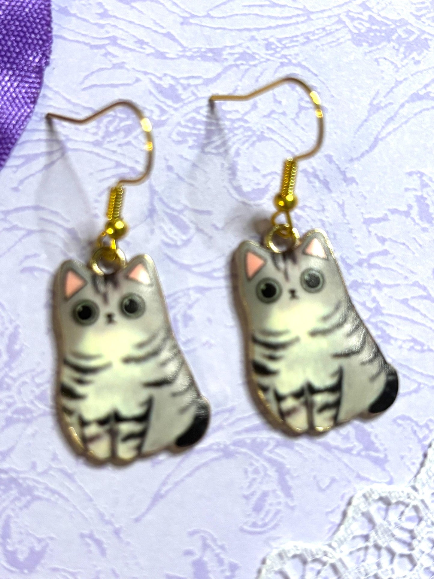 Fluffy Cat Earrings Enamel Cat Jewelry Gold Plated Lightweight Hypoallergenic Hooks Cute Gift for Cat Lovers in Tabby and Himalayan Styles
