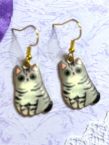 Fluffy Cat Earrings Enamel Cat Jewelry Gold Plated Lightweight Hypoallergenic Hooks Cute Gift for Cat Lovers in Tabby and Himalayan Styles