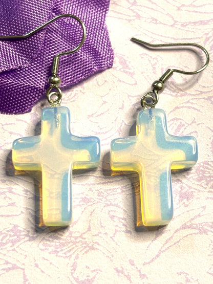 Natural Stone Cross Earrings with Hypoallergenic Hooks in Eight Gemstone Color Options Spiritual Lightweight Handmade Jewelry