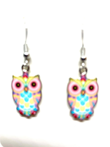 Colorful Owl Earrings, Owl Jewelry, Owl Charms, Animal Jewelry, Bird themed jewelry, Nature inspired jewelry, Enamel Owl Earrings