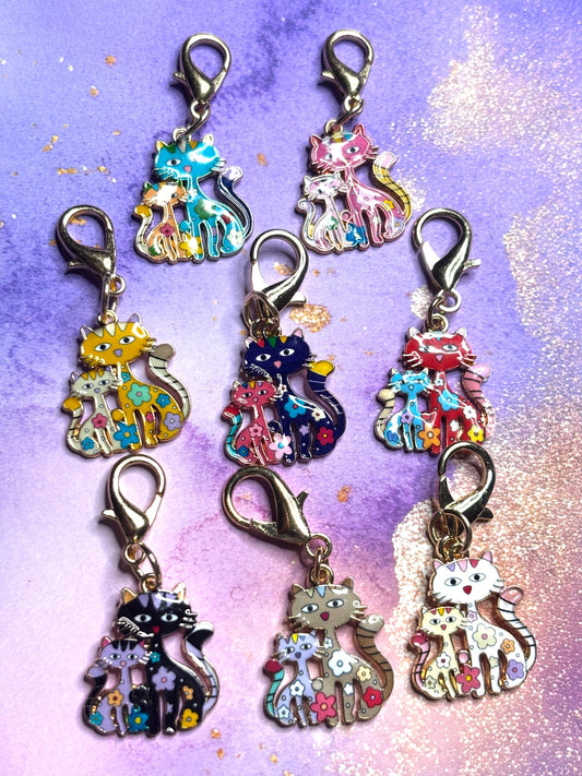 Two Cat Purse Charm Enamel Cat Bag Charm Double Cat Keychain Zipper Pull Colorful Cat Gift Silver Lobster Clasp Feline Gift for Her