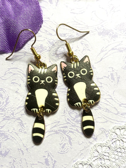 Dangly Tail Cat Earrings Enamel Cat Jewelry with Gold Plating Lightweight Hypoallergenic Hooks Cute Cat Lover Gift in Multiple Colors