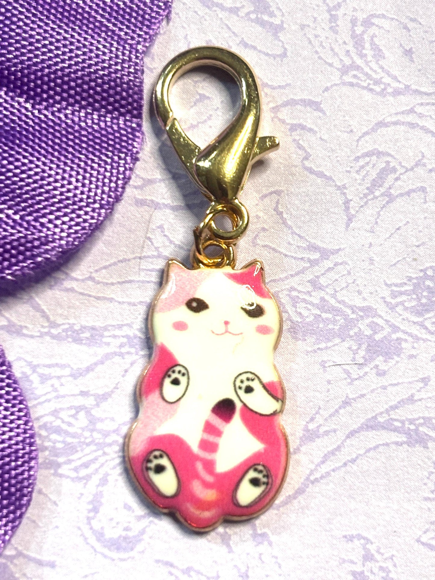 Cuddly Cat Purse Charm Bag Charm Bookbag Charm Zipper Pull with Gold Plated Back and Lobster Claw Clasp in Six Cute Cat Color Options
