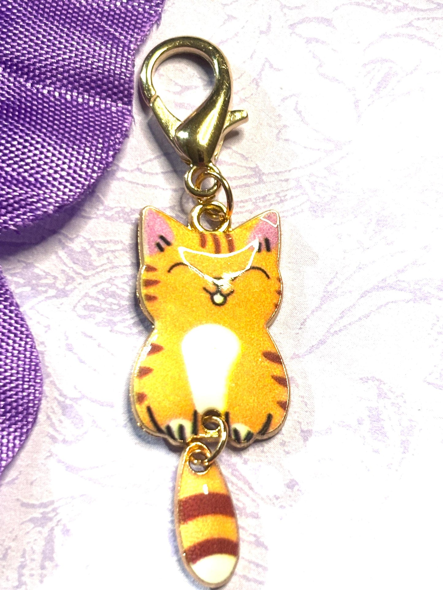 Dangly Tail Cat Purse Charm Bag Charm Bookbag Charm Zipper Pull with Gold Plated Back and Lobster Claw Clasp in Six Fun Cat Colors