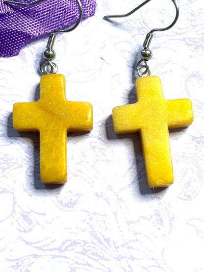 Natural Stone Cross Earrings with Hypoallergenic Hooks in Eight Gemstone Color Options Spiritual Lightweight Handmade Jewelry