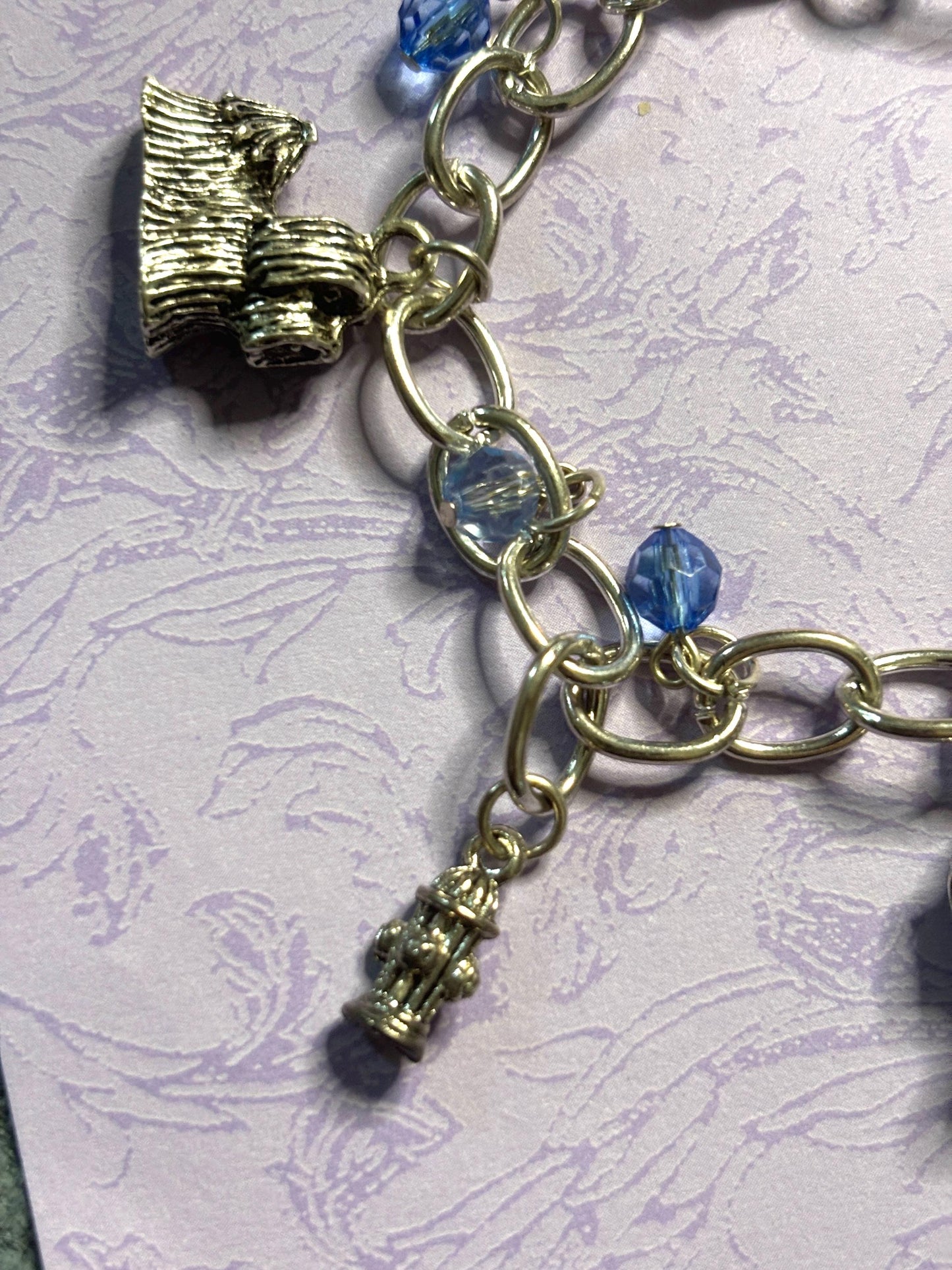 Silver Shih Tzu Charm Bracelet Dog Lover Jewelry with 3D Shih Tzu Charms Fire Hydrant Dog Bowl and Blue Beads on Silver Chain