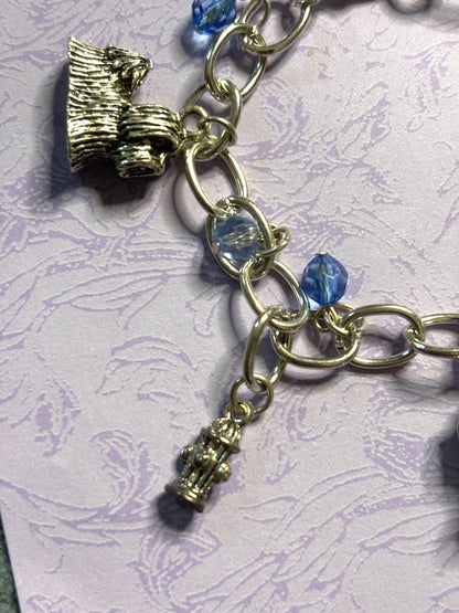 Silver Shih Tzu Charm Bracelet Dog Lover Jewelry with 3D Shih Tzu Charms Fire Hydrant Dog Bowl and Blue Beads on Silver Chain