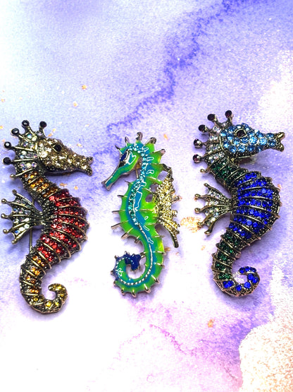 Rhinestone Sea Horse Broaches Pins Sparkling Ocean Jewelry Red Green and Blue Gem Seahorse Broach Colorful Sea Life Pins for Women