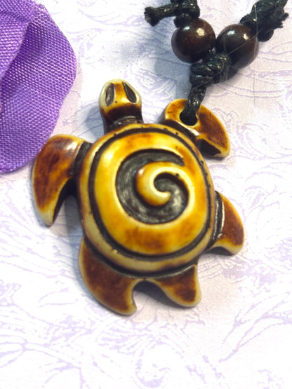 Faux Ivory Turtle Pendant Necklace Adjustable Leather Cord Tribal Style Animal Jewelry Yin Yang Turtle Charm Boho Nature Lover Gift